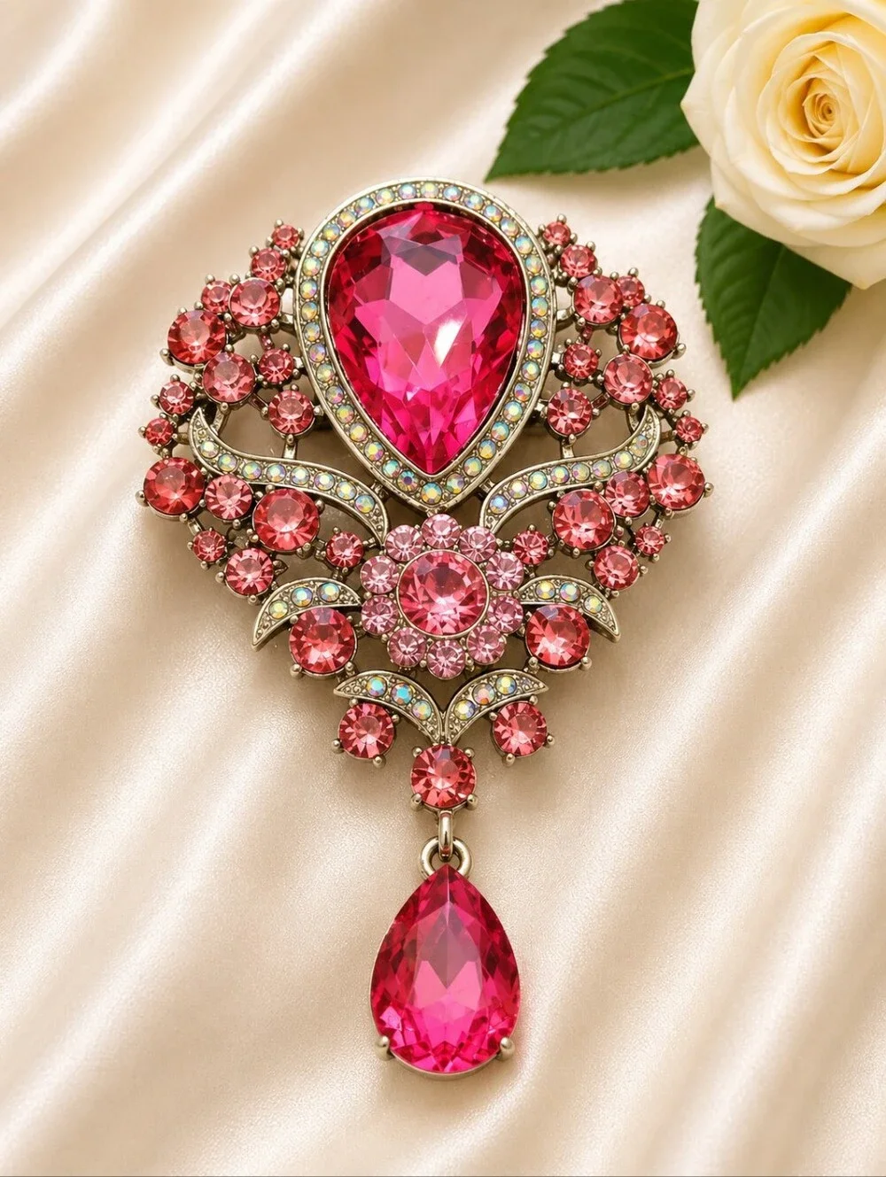 Vintage-Inspired Pink Crystal Statement Brooch Pendant